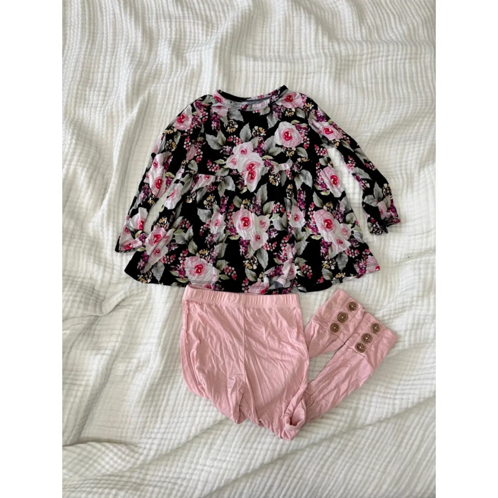 Girls Posh Peanut Bamboo Matching Set 3T Black Pink Floral Top & Leggings